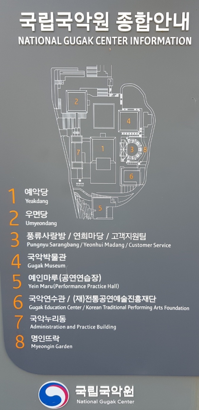 국립국악원 배치도 : 정문 계단과 마당을 중심으로 한 시계 반대방향으로 02우명당,05 연습/사무동, 담소원,01 예악당, 카페테리아, 06 국악연수관,03 연희풍류극장,04 국악박물관이 위치 해 있습니다. 