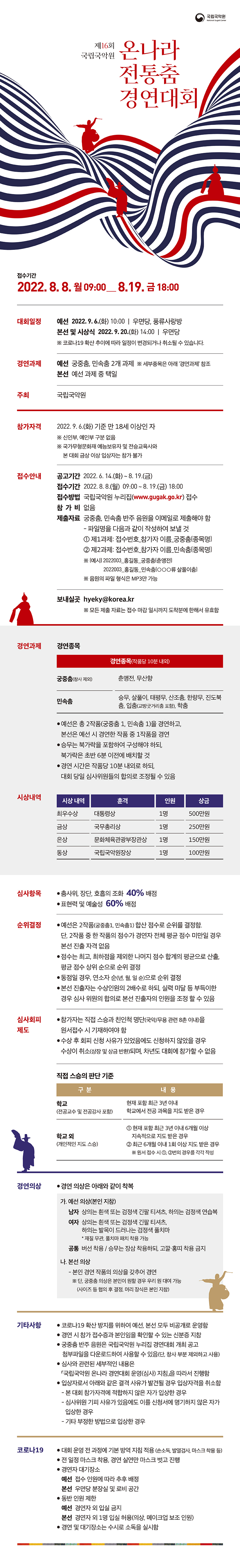 제 16회 국립국악원 온나라 전통춤 경연대회
* 접수기간 : 2022.8.8. 월 09:00 - 9.19. 금 18:00

* 대회일정 
예선 : 2022.9.6. (화) 10:00 | 우면당, 풍류사랑방
본선 및 시상식 : 2022.9.20. (화) 14:00 | 우면당
코로나19 확산 추이에 따라 일정이 변경되거나 취소될 수 있습니다.

* 경연과제 
예선 :  궁중춤, 민속춤 2개 과제 ※세부종목은 아래 '경연과제’ 참조 
본선 : 예선 과제 중 택일

* 주최 : 국립국악원

* 참가자격
2022.9.6.（화） 기준 만 18세 이상인 자 
※ 신인부, 예인부 구분 없음
※ 국가무형문화재 예능보유자 및 전승교육사와 본 대회 금상 이상 입상자는 참가 불가

* 접수안내
공고기간 : 2022.6.14.（화） ~ 8.19.（금）
접수기간 : 2021.8.8.（월） 09:00~ 8.19.（금） 18:00
접수방법 : 국립국악원 누리집（www.gugak.go.kr） 
참가비 :  없음
제출자료 : 궁중춤, 민속춤 반주 음원을 이메일로 제출해야 함

- 파일명을 다음과 같이 작성하여 보낼 것
① 제1과제 : 접수번호_참가자 이름_궁중춤［종목명]
② 제2과제 : 접수번호_참가자 이름_민속춤[종목명] 
※[예시] 
12022003_홍길동_궁중춤[춘앵전]
2022003_홍길동_민속춤[OOO 류 살풀이춤]
※ 음원의 파일 형식은 MP3만 가능

보내실곳 : hyeky@korea.kr
※ 모든 제출 자료는 접수 마감 일시까지 도착분에 한해서 유효함

* 경연과제
경연종목（작품당 10분 내외）
궁중춤（창사 제외）: 춘앵전, 무산향
민속춤 : 승무, 살풀이, 태평무, 산조춤, 한량무, 진도북 춤，입춤（교방굿거리춤 포함）, 학춤

• 예선은 총 2작품（궁중춤 1, 민속춤 1）을 경연하고, 본선은 예선 시 경연한 작품 중 1작품을 경연
• 승무는 북가락을 포함하여 구성해야 하되, 북가락은 초반 6분 이전에 배치할 것
• 경연 시간은 작품당 10분 내외로 하되, 대회 당일 심사위원들의 합의로 조정될 수 있음

* 시상내역

최우수상 : 대통령상, 1명, 500만원
금상 : 국무총리상, 1명, 250만원
은상 : 문화체육관광부장관상, 1명, 150 만원
동상 : 국립국악원장상, 1명, 100 만원

* 심사항목
• 춤사위, 장단, 호흡의 조화 40% 배점
•표현력 및 예술성 60% 배점

* 순위결정
• 예선은 2작품（궁중춤1，민속춤1） 합산 점수로 순위를 결정함.
단, 2작품 중 한 작품의 점수가 경연자 전체 평균 점수 미만일 경우 본선 진출 자격 없음
•점수는 최고, 최하점을 제외한 나머지 점수 합계의 평균으로 산출, 평균 점수 상위 순으로 순위 결정
• 동점일 경우，연소자 순（년, 월, 일 순）으로 순위 결정
•본선 진출자는 수상인원의 2배수로 하되, 실력 미달 등 부득이한 경우 심사 위원의 합의로 본선 진출자의 인원을 조정 할 수 있음

* 심사회피 제도
• 참가자는 직접 스승과 친인척 명단（국악/무용 관련 8촌 이내）을 원서접수 시 기재하여야 함
• 수상 후 회피 신청 사유가 있었음에도 신청하지 않았을 경우
수상이 취소（상장 및 상금 반환）되며, 차년도 대회에 참가할 수 없음

※ 직접 스승의 판단기준
학교（전공교수 및 전공강사 포함) : 현재 포함 최근 3년이내 학교에서 전공 과목을 지도 받은 경우
학교 외（개인적인 지도 스승 : ① 현재 포함 최근 3년 이내 6개월 이상 지속적으로 지도 받은 경우
② 최근 6개월 이내 1회 이상 지도 받은 경우 ※원서 접수 시 ①, ②번의 경우를 각각 작성

* 경연의상
• 경연 의상은 아래와 같이 착복

가. 예선 의상（본인 지참）
남자 : 상의는 흰색 또는 검정색 긴팔 티셔츠, 하의는 검정색 연습복
여자 : 상의는 흰색 또는 검정색 긴팔 티셔츠, 하의는 발목이 드러나는 검정색 풀치마 '재질 무관, 풀치마 패치 착용가능
공통 : 버선 착용 / 승무는 장삼 착용하되, 고깔•홍띠 착용 금지

나. 본선 의상
- 본인 경연 작품의 의상을 갖추어 경연 
※ 단，궁중춤 의상은 본인이 원할 경우 우리 원 대여 가능 （사이즈 등 협의 후 결정, 머리 장식은 본인 지참）

* 기타사항
• 코로나19 확산 방지를 위하여 예선, 본선 모두 비공개로 운영함
• 경연 시 참가 접수증과 본인임을 확인할 수 있는 신분증 지참
• 궁중춤 반주 음원은 국립국악원 누리집 경연대회 개최 공고 첨부파일을 다운로드하여 사용할 수 있음（단, 창사 부분 제외하고 사용）
• 심사와 관련된 세부적인 내용은「국립국악원 온나라 경연대회 운영（심사） 지침」을 따라서 진행함
• 입상자로서 아래와 같은 결격 사유가 발견될 경우 입상자격을 취소함 
- 본 대회 참가자격에 적합하지 않은 자가 입상한 경우
- 심사위원 기피 사유가 있음에도 이를 신청서에 명기하지 않은 자가 입상한 경우
- 기타 부정한 방법으로 입상한 경우

* 코로나19
• 대회 운영 전 과정에 기본 방역 지침 적용 （손소독 발열검사, 마스크 착용 등）
• 전 일정 마스크 착용, 경연 실연만 마스크 벗고 진행
• 경연자 대기장소
예선 : 접수 인원에 따라 추후 배정 
본선 : 우면당 분장실 및 로비 공간
• 동반 인원 제한
예선 : 경연자 외 입실 금지
본선 : 경연자 외 1명 입실 허용（의상, 메이크업 보조 인원）
• 경연 및 대기장소는 수시로 소독을 실시함
