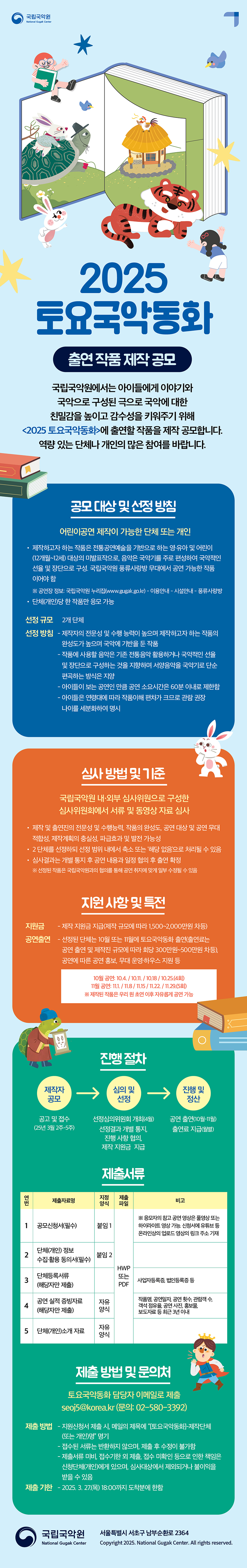 국립국악원 2025 토요국악동화 출연 작품 제작 공모국립국악원에서는 아이들에게 이야기와 국악으로 구성된 극으로 국악에 대한 친밀감을 높이고 감수성을 키워주기 위해 <2025 토요국악동화>에 출연할 작품을 제작 공모합니다. 역량 있는 단체나 개인의 많은 참여를 바랍니다. □ 공모 대상 및 선정 방침 ㅇ (공모대상) 어린이공연 제작이 가능한 단체 또는 개인   - 제작하고자 하는 작품은 전통공연예술을 기반으로 하는 영·유아 및 어린이(12개월~12세) 대상의 미발표작으로, 음악은 국악기를 주로 편성하여 국악적인 선율 및 장단으로 구성. 국립국악원 풍류사랑방 무대에서 공연 가능한 작품이어야 함      ※ 공연장 정보: 국립국악원 누리집(www.gugak.go.kr)-이용안내-시설안내-풍류사랑방   - 단체(개인)당 한 작품만 응모 가능 ㅇ (선정 규모) 2개 단체(또는 개인) ㅇ (선정 방침) 제작자의 전문성 및 수행 능력이 높으며 제작하고자 하는 작품의 완성도가 높으며 국악에 기반을 둔 작품   - 작품에 사용할 음악은 기존 전통음악 활용하거나 국악적인 선율 및 장단으로 구성하는 것을 지향하며 서양음악을 국악기로 단순 편곡하는 방식은 지양   - 아이들이 보는 공연인 만큼 공연 소요시간은 60분 이내로 제한함   - 아이들은 연령대에 따라 작품이해 편차가 크므로 관람 권장 나이를 세분화하여 명시□ 심사 방법 및 기준  ㅇ  국립국악원 내·외부 심사위원으로 구성한 심사위원회에서 서류 및 동영상 자료 심사   - (주요 심사 기준) 제작 및 출연진의 전문성 및 수행능력, 작품의 완성도, 공연 대상 및 공연 무대 적합성, 제작계획의 충실성, 파급효과 및 발전 가능성   - 2 단체를 선정하되 선정 범위 내에서 축소 또는 ‘해당 없음’으로 처리될 수 있음   - 심사결과는 개별 통지 후 공연 내용과 일정 협의 후 출연 확정   ※ 선정된 작품은 국립국악원과의 협의를 통해 공연 취지에 맞게 일부 수정될 수 있음□ 지원 사항 및 특전 ㅇ 제작 지원금 지급(제작 규모에 따라 1,500~2,000만원 차등)  ㅇ 선정된 단체는 10월 또는 11월에 토요국악동화 출연(출연료는 공연 출연 및 제작진 규모에 따라 회당 300만원~500만원 차등), 공연에 따른 공연 홍보, 무대 운영·하우스 지원 등     - 10월 공연: 10.4. / 10.11. / 10.18 / 10.25. (4회)    - 11월 공연: 11.1. / 11.8 / 11.15 / 11.22. / 11.29.(5회) ㅇ 제작된 작품은 우리 원 초연 이후 자유롭게 공연 가능 □ 진행 절차 제작자 공모심의 및 선정진행 및 정산  공고 및 접수   (25년 3월 2주-5주)선정심의위원회 개최(4월)선정결과 개별 통지, 진행 사항 협의, 제작  지원금  지급공연 출연(10월-11월)출연료 지급(월별)  □ 제출서류연번제출자료명지정양식제출파일형태비고1공모신청서(필수)(붙임 1)HWP 또는 PDF※응모자의 참고 공연 영상은 풀영상. 또는 하이라이트 영상 가능. 신청서에 유튜부 등 온라인 상의 업로드 영상의 링크 주소 기재2단체(개인) 정보 수집활용 동의서(필수)(붙임 2)HWP 또는 PDF3단체등록서류(해당자만 제출)PDF 또는 JPG사업자등록증, 법인등록증 등4공연 실적 증빙자료(해당자만 제출)자유양식HWP 또는 PDF작품명, 공연일자, 공연 횟수, 관람객 수, 객석 점유율, 공연 사진, 홍보물, 보도자료 등)최근 3년 이내5단체(개인)소개 자료자유양식HWP 또는 PDF□  제출 방법 및 문의처 ㅇ 국립국악원 토요국악동화 담당자 이메일로 제출: seoj5@korea.kr (문의 전화: 02-580-3392)    - 지원신청서 제출 시, 메일의 제목에 “[토요국악동화]-제작단체(또는 개인)명” 명기    - 접수된 서류는 반환하지 않으며, 제출 후 수정이 불가함     - 제출서류 미비, 접수기한 외 제출, 접수 미확인 등으로 인한 책임은 신청단체(개인)에게 있으며, 심사대상에서 제외되거나 불이익을 받을 수 있음 ㅇ 제출 기한 2025. 3. 27.(목) 18:00까지 도착분에 한함(붙임 1)2025 토요국악동화 출연 작품 제작 공모 신청서 1 신청개요■ 신청자 정보  ※ 공모신청서 제출 시 작성 요령 예시로 기입된 푸른색 글씨는 삭제 후 제출 바랍니다.신청자정보단체(개인)명☞  개인 참여자는 신청자 본인 기재단체(개인) 소개(3줄 이내)주소대표자명전화번호실무자명전화번호E-mail홈페이지/ SNS☞ 있을 시 기재참고할만한 기존 작품 영상☞ 있을 시 링크 주소 기재 ■ 작품 제작 개요작품명소요 예정 시간분작품소개(간략)☞ 주제, 콘셉트 등 3~5줄 간략 기재창작형태□ 순수창작                                        □ 원형의 재해석  (원작:                          저작권 소유자:                  )※ 원작사용 동의를 얻은 작품이어야 하며, 저작권료는 별도 지급하지 않음출연진/제작진 인원 출연진( 0명) / 제작진(연출, 작가, 스태프 등)( 0명)장르/공연양식공연희망월☞ 10월과 11월 중 1안과 2안에 기재 (1안)                 (2안)관람 대상○~○세2 세부사항 작품 소개기획의도제작 배경☞ 작품 제작 배경, 목적, 주요 메시지 등작품 소개 (대본이 있는 경우 대본 제출)☞ 작품의 내용을 상세하게 기재제작비 내역☞ 제작 예정 작품의 제작 예산제작 일정주요 참여자(출연 및 제작진)역할성명연령현직 및 소속비고 123456위와 같은 내용으로 응모하고자 합니다. 2025.   .     .  신청자             (인)(붙임 2)단체(개인) 정보 수집활용 동의서 1. 국립국악원은 2025 토요국악동화 출연 작품 제작 공모를 위해 아래와 같은 개인정보를 수집합니다.  2, 개인정보는 작품공모 사업 이외의 다른 목적으로 사용하지 않으며 미 동의 시 공모신청이 제한됩니다   개인정보 수집항목 : 단체명(성명), 연령, 주소, 연락처, 사업자등록번호                                                 성명 :                 (인) 개인정보 수집 및 이용에 동의하십니까?              동의함 (   ),  동의하지 않음 (   )  