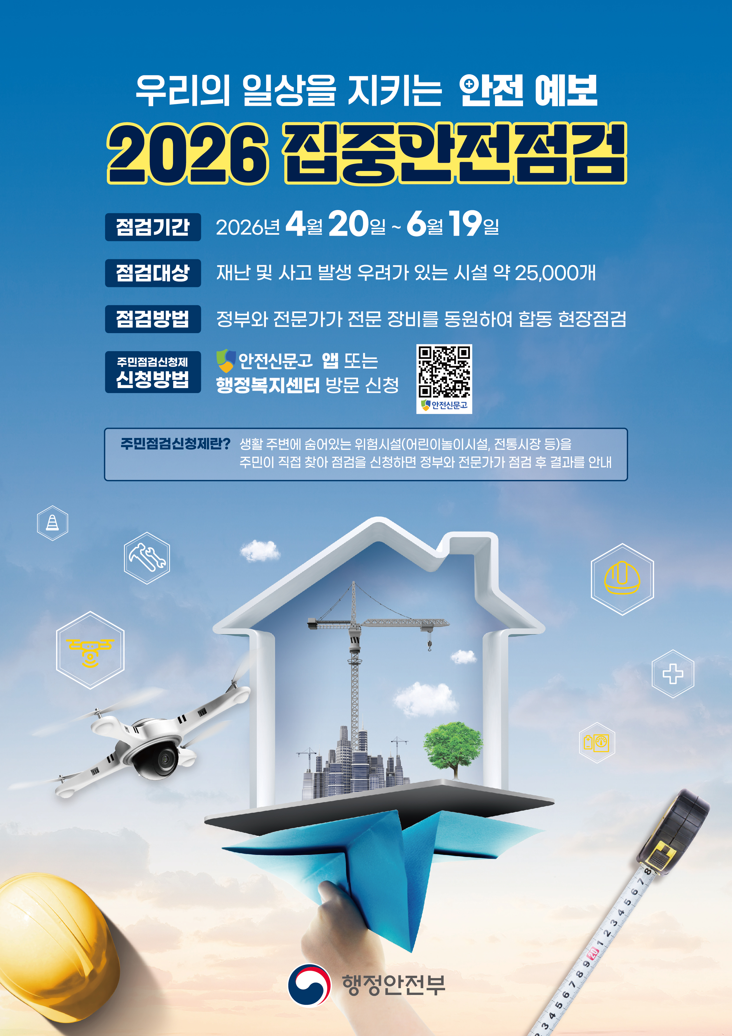 우리의 일상을 지키는 안전 예보 2026 집중안전점검
점검기간: 2026년 4월 20일 ~ 6월 19일
점검대상: 재난 및 사고 발생 우려가 있는 시설 약 25,000개
점검방법: 정부와 전문가가 전문 장비를 동원하여 합동 현장점검
주민점검신청제 신청방법: 안전신문고 앱 또는 행정복지센터 방문 신청
주민점검신청제란? 생활 주변에 숨어있는 위험시설(어린이놀이시설, 전통시장 등)을 주민이 직접 찾아 점검을 신청하면 정부와 전문가가 점검 후 결과를 안내
