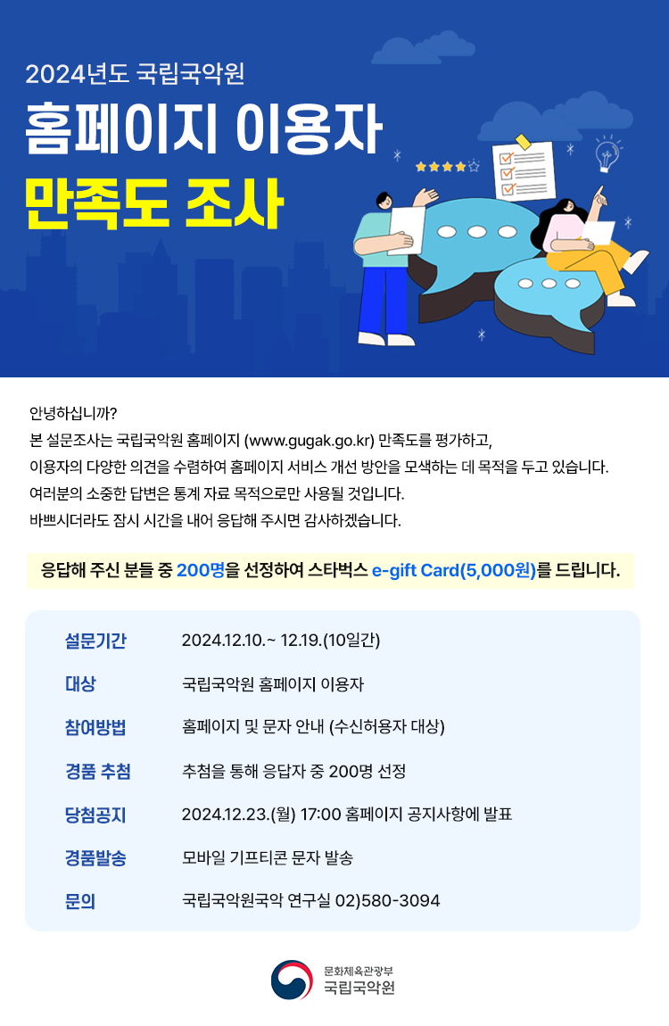 2024년도 국립국악원 홈페이지 이용자 만족도 조사 안녕하십니까?본 설문조사는 국립국악원 홈페이지(www.gugak.go.kr)만족도를 평가하고, 이용자의 다양한 의견을 수렴하여 홈페이지 서비스 개선방안을 모색하는 데 목적을 두고 있습니다.여러분의 소중한 답변은 통계자료 목적으로만 사용될 것입니다.바쁘시더라도 잠시 시간을 내어 응답해 주시면 감사하겠습니다.응답해 주신 분들 중 150명을 선정하여 스타벅스 e-gift Card(5,000원)을 드립니다.설문기간 : 2023.11.21. ~ 12.05.(15일간)대상 : 국립국악원 홈페이지 이용자참여방법 : 홈페이지 및 문자 안내(수신 허용자 대상)경품추첨 : 추첨을 통해 응답자 중 150명 선정당첨공지 : 2023.12.07(목) 17:00 홈페이지 공지사항에 발표경품발송 : 모바일 기프티콘 문자 발송문의 : 국립국악원 국악연구실 02)580-3094개인정보이용 활용 동의 및 제3자 위탁이용 동의(당첨자 대상으로 관람 안내 문자 발송을 위한 위탁업체 위탁동의)