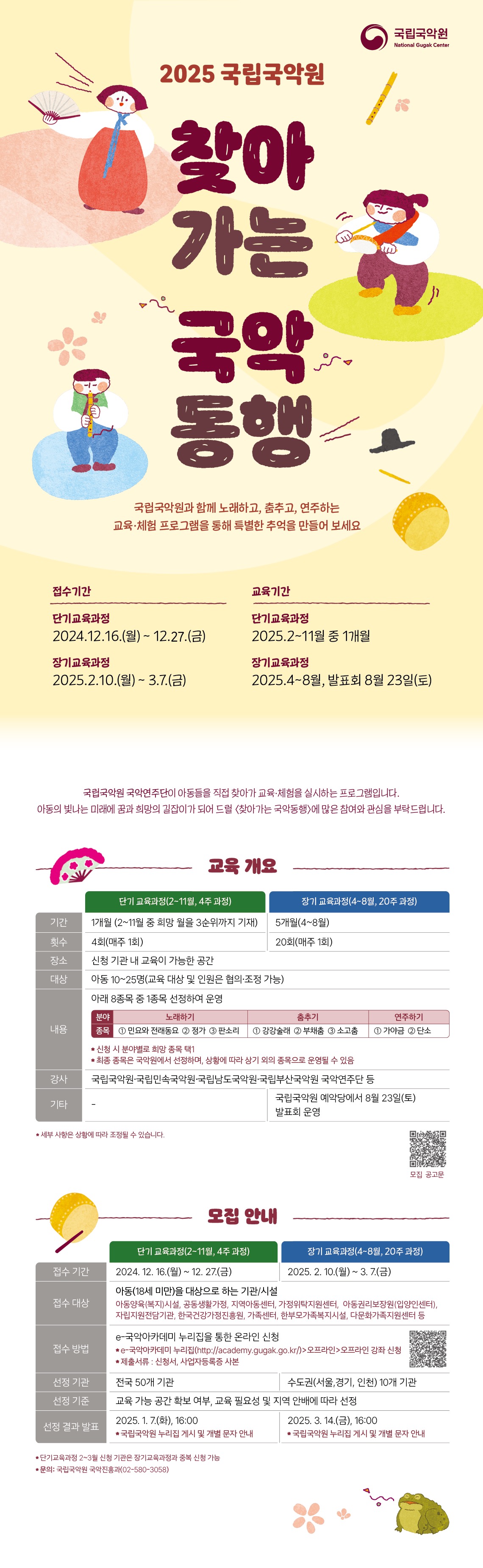 
국립국악원 제2024-113호
2025 국립국악원 2025 국립국악원 찾찾아가는 국악동행아가는 국악동행  모집 공고모집 공고
2025 국립국악원 <찾아가는 국악동행>은 지역아동센터, 가족센터 등의 시설을 대상으로 국립국악원 
국악연주단이 직접 찾아가 교육·체험을 실시하는 프로그램입니다. 아동의 빛나는 미래에 꿈과 희망
의 길잡이가 되어 드릴 <찾아가는 국악동행>에 많은 참여와 관심을 부탁드립니다. 
2024. 12. 9.
국립국악원장
□ 교육 개요
국립국악원 찾아가는 국악동행 교육 과정은 창의적이며, 참여형 교육을 지향하는 노래하기·춤추
기·연주하기 영역으로 구성했습니다. 단기교육과정(1개월, 4회)과 장기교육과정(5개월, 20회)으로 구
성되어 있으며, 장기교육과정은 국립국악원 무대에서 솜씨 발표회 기회를 경험할 수 있습니다. 
 ㅇ 단기교육과정(4주 과정)
 1. 기간1개월(2~11월 중 희망 월을 3순위까지 기재) 
2. 횟수4회(매주 1회)
 3. 장소신청 기관 내 교육이 가능한 공간
4. 대상아동 10~25명(교육 대상 및 인원은 협의·조정 가능) 
5. 내용
아래 8종목 중 1종목 선정하여 운영
분야종목
노래하기①민요와 전래동요 ②정가 ③판소리
춤추기①강강술래 ②소고춤 ③부채춤
연주하기①가야금 ②단소
* 신청 시 분야별로 희망 종목 택1
 * 최종 종목은 국악원에서 선정하며, 상황에 따라 상기 외의 종목으로 운영될 수 있음
6. 강사국립국악원·국립민속국악원·국립남도국악원·국립부산국악원 국악연주단 등 
 ㅇ 장기교육과정(20주 과정)
 * 세부 사항은 상황에 따라 조정될 수 있습니다.
 1. 기간5개월(4~8월) 
2. 횟수20회(매주 1회)
 3. 장소신청 기관 내 교육이 가능한 공간
4. 대상아동 10~25명(교육 대상 및 인원은 협의·조정 가능)
 5. 내용
아래 8종목 중 1종목 선정하여 운영
분야종목
노래하기①민요와 전래동요 ②정가 ③판소리
춤추기①강강술래 ②소고춤 ③부채춤
연주하기①가야금 ②단소
* 신청 시 분야별로 희망 종목 택1
 * 최종 종목은 국악원에서 선정하며, 상황에 따라 상기 외의 종목으로 운영될 수 있음
6. 강사국립국악원·국립민속국악원·국립남도국악원·국립부산국악원 국악연주단 등 
7. 기타국립국악원 예악당에서 8월 23일(토) 발표회 운영
□ 모집 안내
 ㅇ 단기교육과정(4주 과정)
 ㅇ 장기교육과정(20주 과정)
 *단기교육과정2~3월신청기관은장기교육과정과중복신청가능
*문의:국립국악원국악진흥과(02-580-3058)
 □ 기타사항
 ㅇ 교육 가능 공간 확보 여부, 교육 필요성 및 지역 안배에 따라 선정
 ㅇ 선정된 기관은 사전 답사 시 협조를 부탁드리며, 원활한 협조가 이루어지지 
않을 경우 운영에 어려움이 있을 수 있음
 ㅇ 사실 확인을 위한 추가 자료를 요청할 수 있으며, 제출된 내용과 실제 내용이 
서로 다르거나 교육이 불가능하다고 판단될 경우 선정을 취소할 수 있음. 
취소 시 예비 선정 기관 순으로 선정(개별 통보)
 ㅇ 교육 종료 후 1개월 이내 교육 결과 보고서(붙임2) 제출(janghj217@korea.kr) 
및 만족도 조사(QR코드 별도 송부) 참여 필수
붙임  1. 참가 신청서 양식 1부
      2. 교육 결과 보고서 양식 1부.  끝.
접수 기간2024. 12. 16.(월) ~ 2025. 1. 10.(금)
접수 대상
아동(18세 미만)을 대상으로 하는 기관/시설
아동양육시설, 공동생활가정, 지역아동센터, 가정위탁지원센터, 아동권리보장원(입양인센터), 
자립지원전담기관, 한국건강가정진흥원, 가족센터, 한부모가족복지시설, 다문화가족지원세터 등
접수 방법
e-국악아카데미 누리집을 통한 온라인 신청
* e-국악아카데미 누리집(http://academy.gugak.go.kr/) > 오프라인 > 오프라인 강좌 신청
* 제출서류: 신청서 1부(붙임1-1 참고), 사업자등록증 사본 1부
선정 기관전국 50개 기관
선정 기준교육 가능 공간 확보 여부, 
교육 필요성 및 (본원과 지방원이 위치한) 지역 안배에 따라 우선 선정
선정 결과 발표2025.1.17.(금), 16:00  * 국립국악원 누리집 게시 및 개별 통보
접수 기간2025. 2. 10.(월) ~ 2025. 3. 7.(금)
접수 대상
아동(18세 미만)을 대상으로 하는 기관/시설
아동양육시설, 공동생활가정, 지역아동센터, 가정위탁지원센터, 아동권리보장원(입양인센터), 
자립지원전담기관, 한국건강가정진흥원, 가족센터, 한부모가족복지시설, 다문화가족지원세터 등
접수 방법
e-국악아카데미 누리집을 통한 온라인 신청
* e-국악아카데미 누리집(http://academy.gugak.go.kr/)>오프라인>오프라인 강좌 신청
* 제출서류: 신청서 1부(붙임1-2 참고), 사업자등록증 사본 1부
선정 기관수도권(서울,경기,인천) 10개 기관
선정 기준교육 가능 공간 확보 여부, 
교육 필요성 및 (본원과 지방원이 위치한) 지역 안배에 따라 우선 선정
선정 결과 발표2025.3.14.(금), 16:00   * 국립국악원 누리집 게시 및 개별 통보
